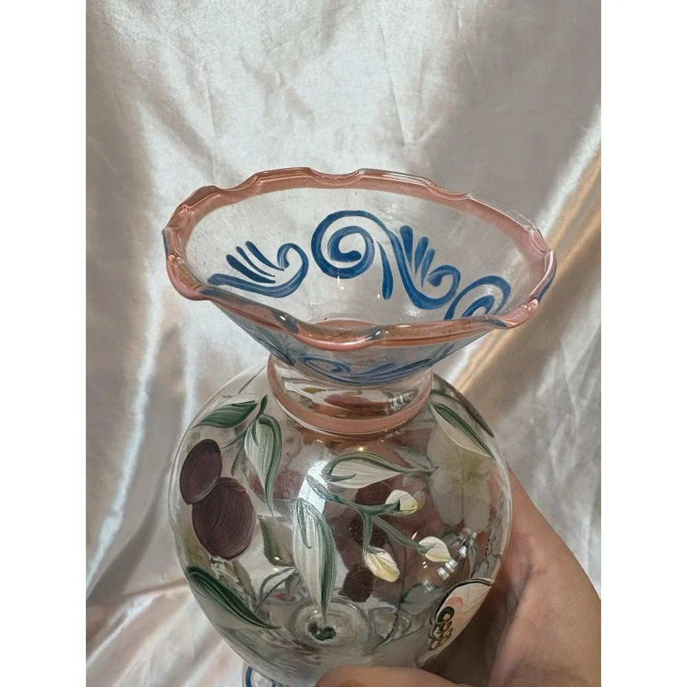 Vintage Tracy Porter Hand Painted Glass Floral Butterfly Bud Vase Ruffled edge